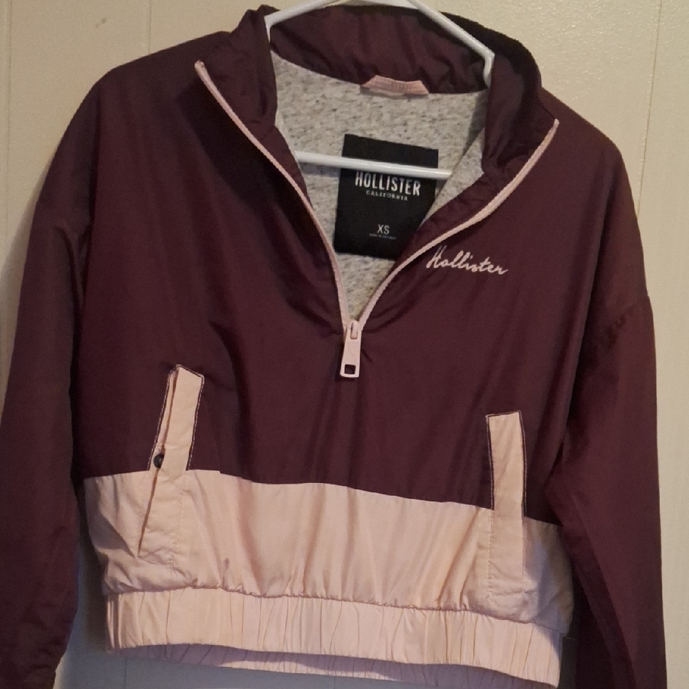 Hollister Women's Burgundy and Light Pink Bomber Jacket